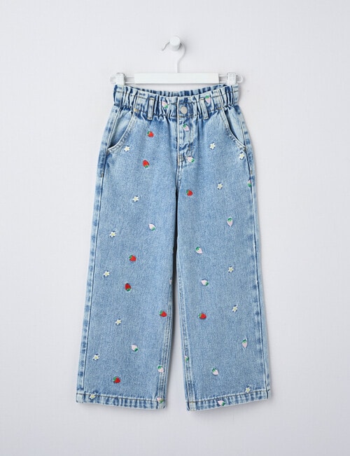 Mac & Ellie Embroidered Berry Wide Leg Paperbag Jean, Washed Blue product photo