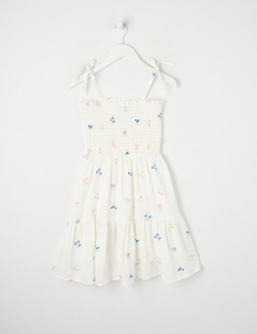 Mac & Ellie Embroidered Floral Linen Blend Tie Shoulder Shirred Dress, White product photo