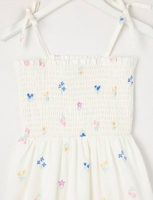 Mac & Ellie Embroidered Floral Linen Blend Tie Shoulder Shirred Dress, White product photo View 03 L