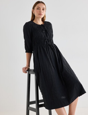 Mineral Nova Tie Front Shirred Midi Dress, Black product photo