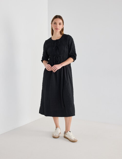Mineral Nova Tie Front Shirred Midi Dress, Black product photo View 03 L