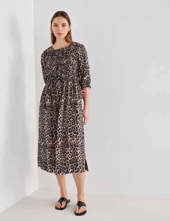 Mineral Nova Animal Print Tie Front Shirred Midi Dress, Black product photo
