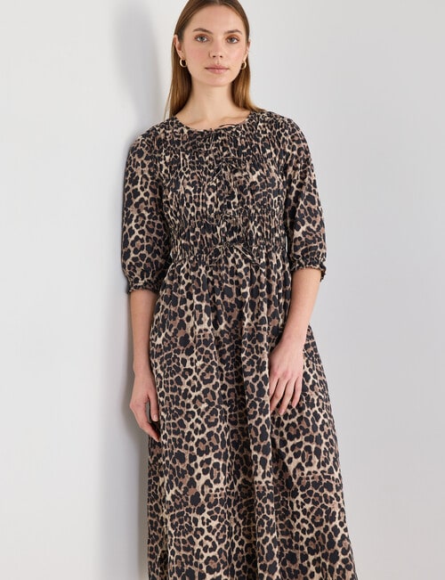 Mineral Nova Animal Print Tie Front Shirred Midi Dress, Black product photo View 03 L