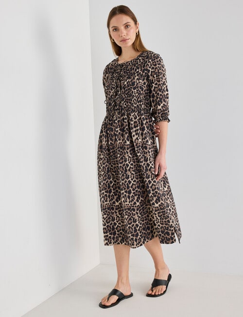 Mineral Nova Animal Print Tie Front Shirred Midi Dress, Black product photo View 05 L