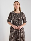 Mineral Nova Animal Print Tie Front Shirred Midi Dress, Black product photo View 06 S