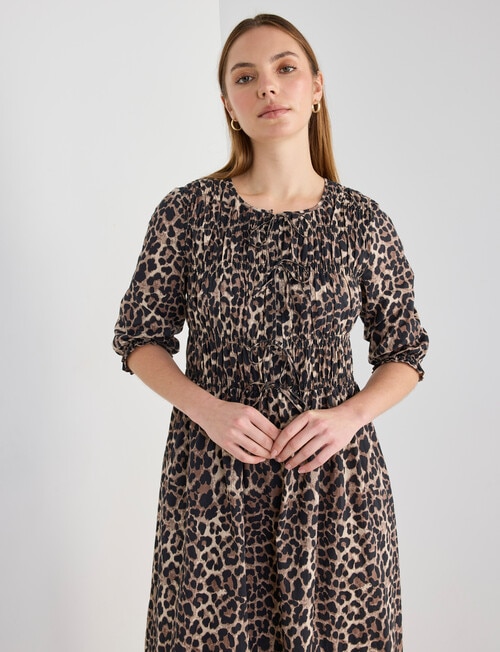 Mineral Nova Animal Print Tie Front Shirred Midi Dress, Black product photo View 06 L