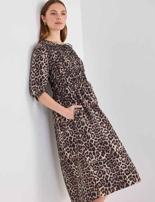 Mineral Nova Animal Print Tie Front Shirred Midi Dress, Black product photo View 07 L