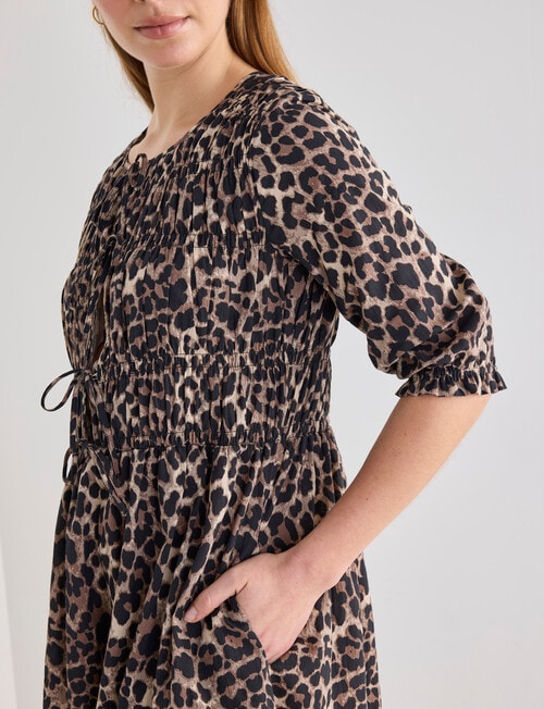 Mineral Nova Animal Print Tie Front Shirred Midi Dress, Black product photo View 08 L
