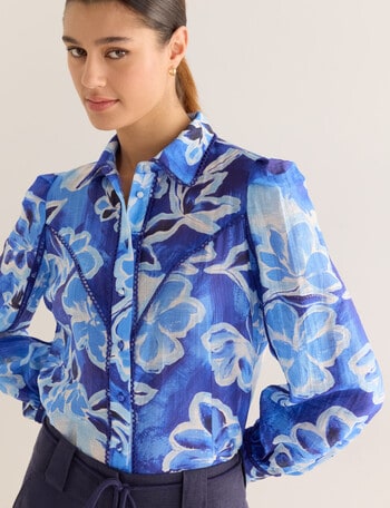 State of play Ottilie Printed Lace Trim Blouse, Blue product photo