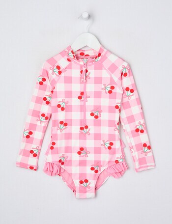 Wavetribe Gingham Cherries Long Sleeve Rashsuit, Candy Pink product photo