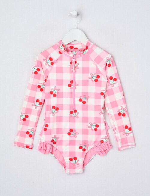 Wavetribe Gingham Cherries Long Sleeve Rashsuit, Candy Pink product photo