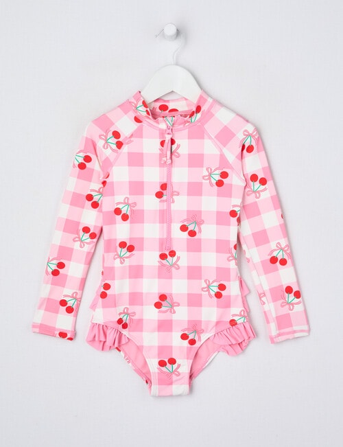 Wavetribe Gingham Cherries Long Sleeve Rashsuit, Candy Pink product photo