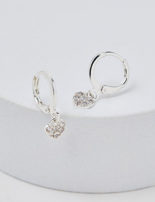 Earsense Crystal Pave Heart Drop Hoop Earring, Silver Tone product photo View 02 L