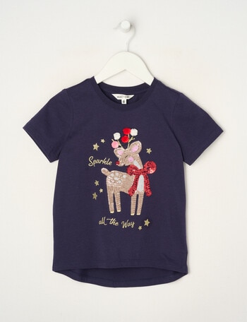 Mac & Ellie Sequin Reindeer Christmas Short Sleeve Tee, Navy product photo