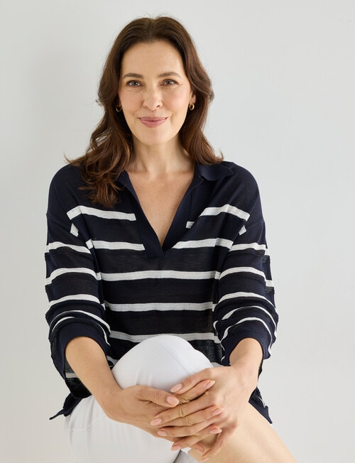 Line 7 Linen Blend Navigate Stripe Knitted Polo Shirt, Navy & White product photo