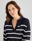 Line 7 Linen Blend Navigate Stripe Knitted Polo Shirt, Navy & White product photo View 04 S