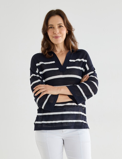 Line 7 Linen Blend Navigate Stripe Knitted Polo Shirt, Navy & White product photo View 05 L