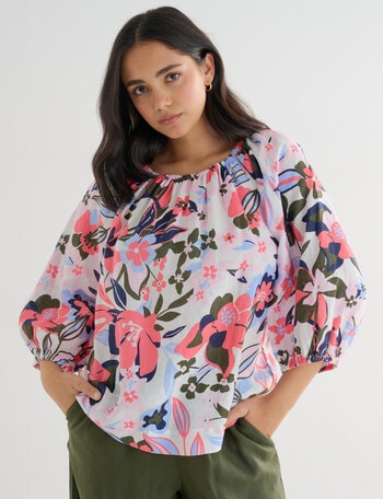 Zest Linen Floral Print Peasant Top, Pink product photo