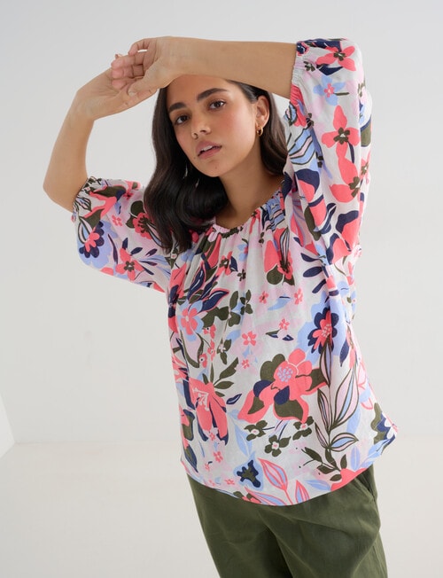 Zest Linen Floral Print Peasant Top, Pink product photo View 04 L