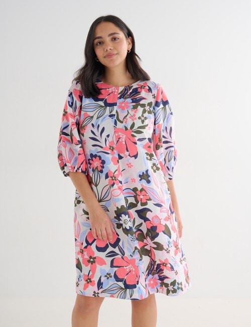 Zest Linen Floral Print 3/4 Sleeve Dress, Pink product photo