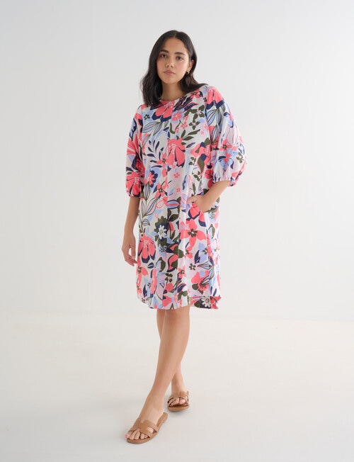 Zest Linen Floral Print 3/4 Sleeve Dress, Pink product photo View 03 L