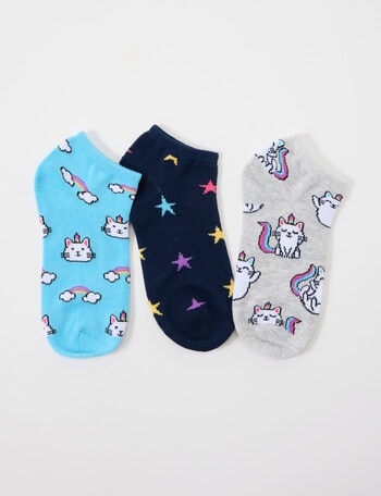 Simon De Winter Cat Unicorn Low Cut Socks, 3-Pack, Blue & Grey product photo