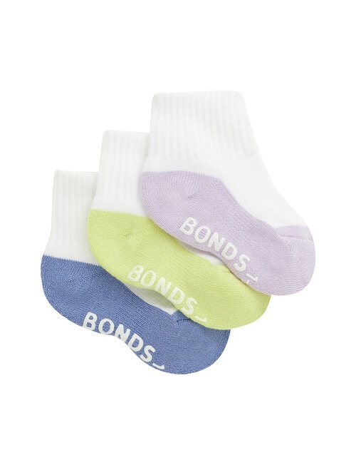 Bonds Logo Quarter Crew Socks, 3-Pack, Blue, Yellow & Lavender product photo View 02 L