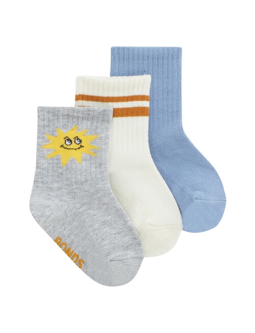 Bonds Stay Ons Crew Socks, 3-Pack, Grey Marle, Marscapone & Blue product photo