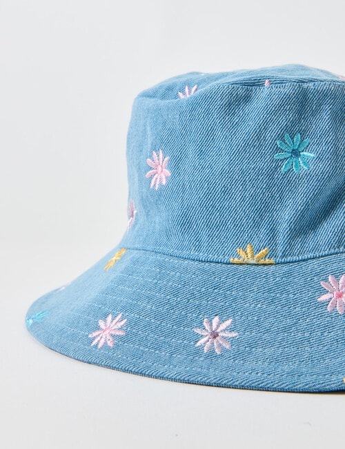 Teeny Weeny Denim Flower Embroidery Bucket Hat, Blue product photo View 02 L