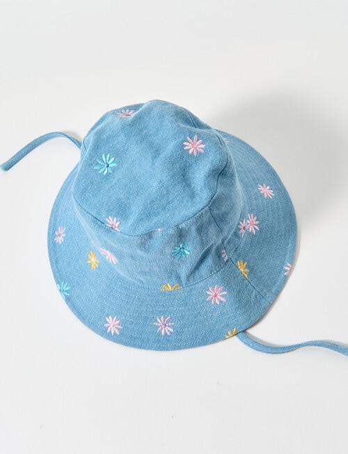 Teeny Weeny Denim Flower Embroidery Bucket Hat, Blue product photo View 03 L