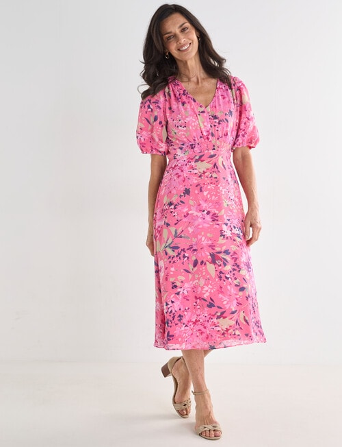 Ella J Printed Shirred Detail Dress, Pink product photo