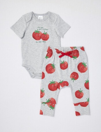 Teeny Weeny Tomatoes Slogan Short-Sleeve Bodysuit & Pant Set, 2-Piece, Grey Marle product photo