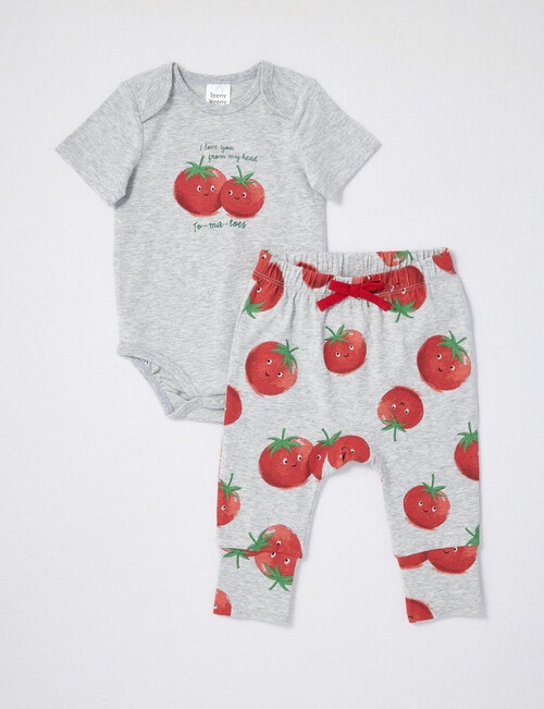 Teeny Weeny Tomatoes Slogan Short-Sleeve Bodysuit & Pant Set, 2-Piece, Grey Marle product photo