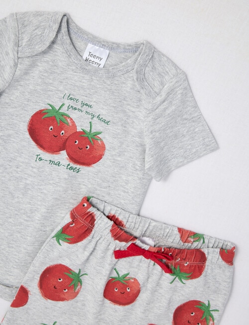 Teeny Weeny Tomatoes Slogan Short-Sleeve Bodysuit & Pant Set, 2-Piece, Grey Marle product photo View 02 L