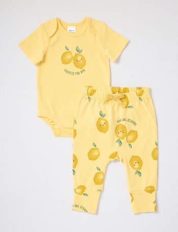 Teeny Weeny Squeeze the Day Slogan Short-Sleeve Bodysuit & Pant Set, 2-Piece, Lemon product photo