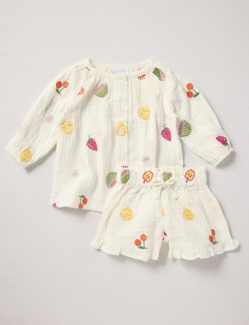 Teeny Weeny Fruit Muslin Shirt & Shorts Set, 2-Piece, White product photo View 02 L