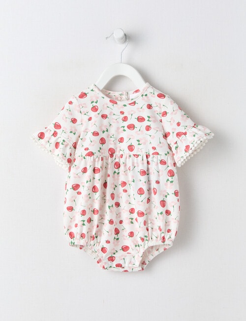 Teeny Weeny Dragon Fly Knitted Balloon Strawberry Romper, White product photo