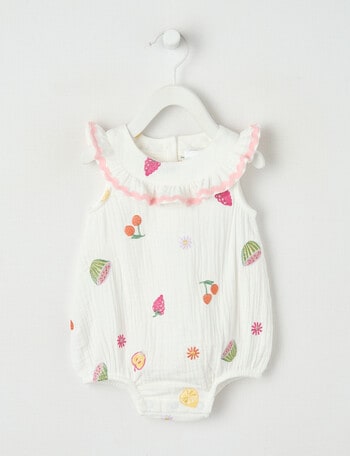 Teeny Weeny Fruit Cheese Cloth Romper with Frill Collar, White product photo