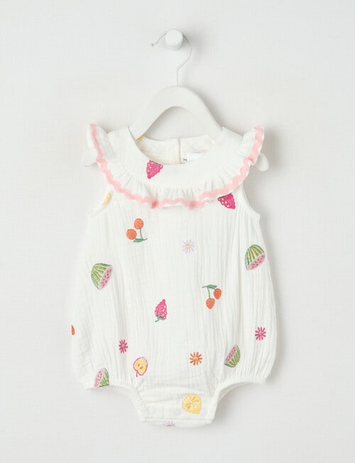 Teeny Weeny Fruit Cheese Cloth Romper with Frill Collar, White product photo