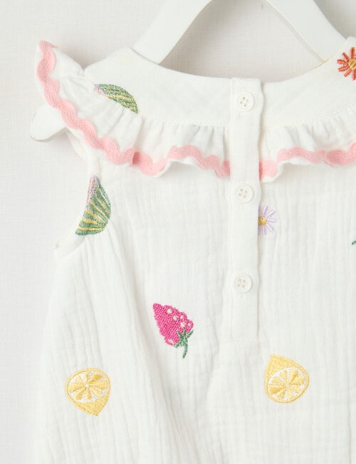 Teeny Weeny Fruit Cheese Cloth Romper with Frill Collar, White product photo View 02 L