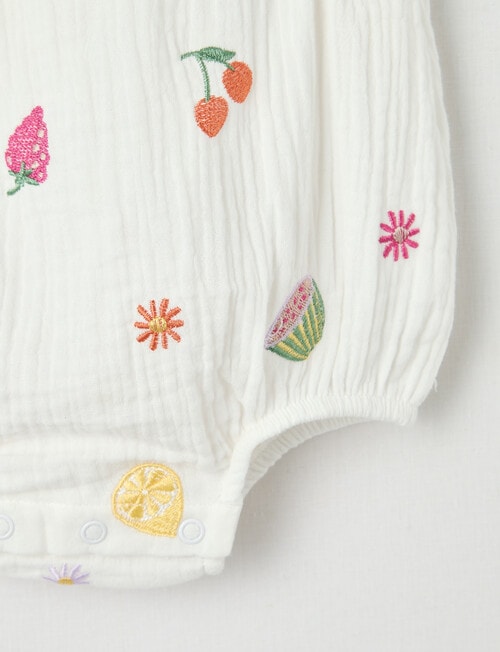 Teeny Weeny Fruit Cheese Cloth Romper with Frill Collar, White product photo View 04 L