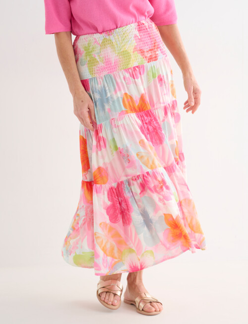 Ella J Shirred Waist Skirt, Pink Print product photo