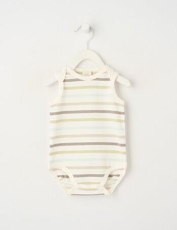 Little Bundle Stretch Cotton Essentials Striped Sleeveless Bodysuit, Sage & Vanilla product photo