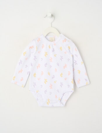 Little Bundle Stretch Cotton Essentials Leaf Long-Sleeve Bodysuit, White product photo