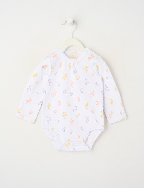 Little Bundle Stretch Cotton Essentials Leaf Long-Sleeve Bodysuit, White product photo
