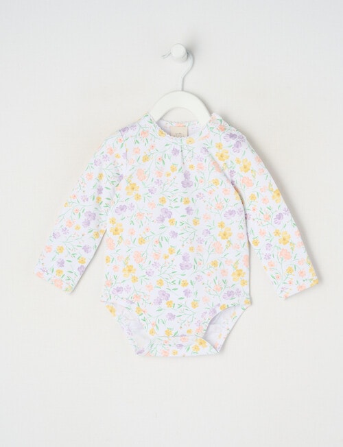 Little Bundle Essentials Stretch Cotton Orchid Ditsy Long-Sleeve Bodysuit, White product photo