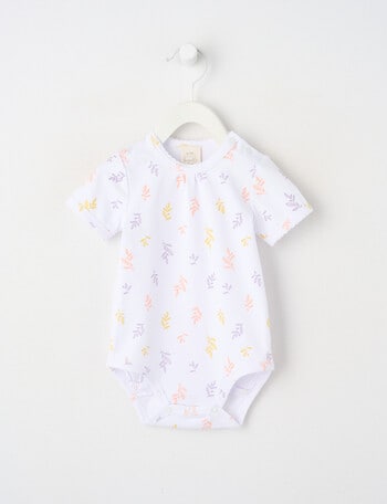 Little Bundle Stretch Cotton Essentials Leaves Short-Sleeve Bodysuit, White product photo