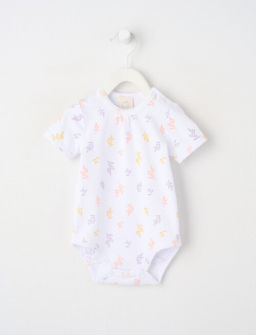 Little Bundle Stretch Cotton Essentials Leaves Short-Sleeve Bodysuit, White product photo