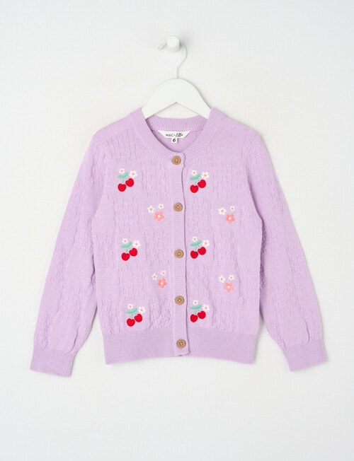 Mac & Ellie Embroidered Fruit Checker Knit Cardigan, Lilac product photo