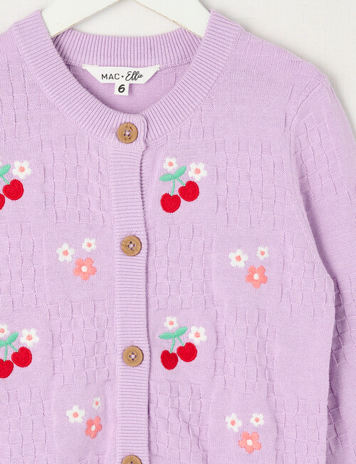 Mac & Ellie Embroidered Fruit Checker Knit Cardigan, Lilac product photo View 03 L